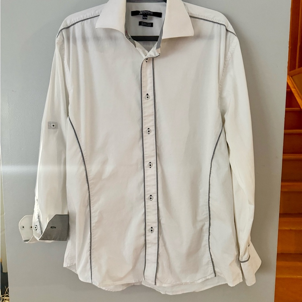 EUC Notorious White Shirt - Black Vertical Seam Piping & Striped Cuffs